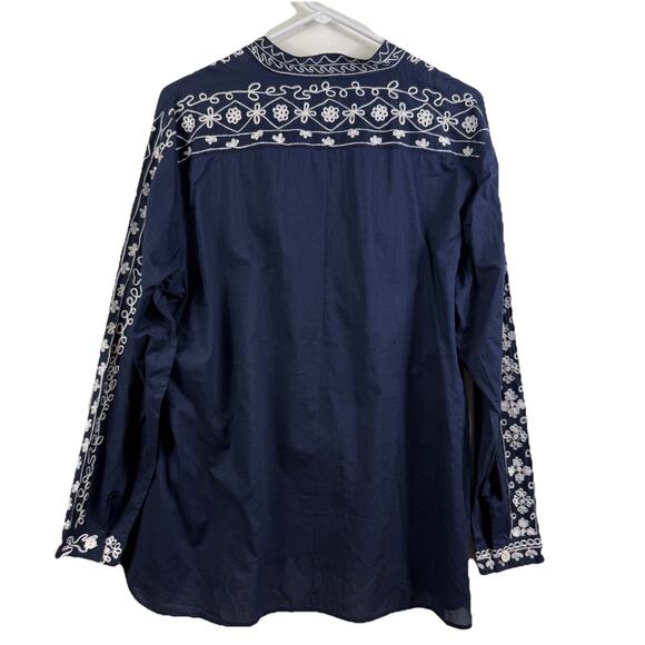 Chico’s Navy White Embroidered Button Up Tunic Top Size L (12) 100% Cotton Boho - Picture 8 of 14